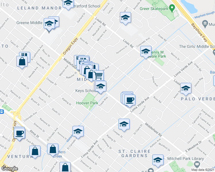 map of restaurants, bars, coffee shops, grocery stores, and more near 716 Sutter Avenue in Palo Alto