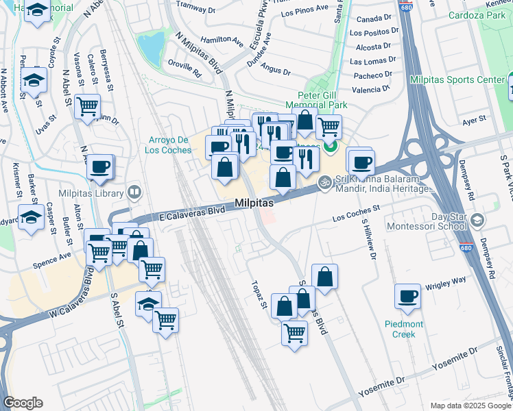 map of restaurants, bars, coffee shops, grocery stores, and more near 2 South Milpitas Boulevard in Milpitas