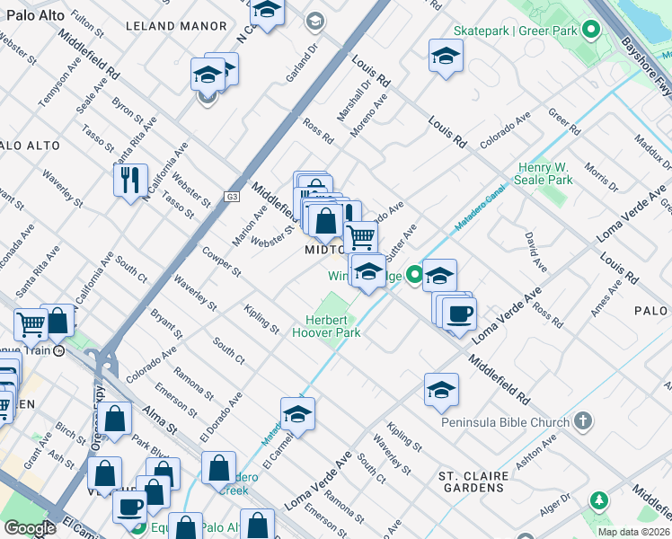 map of restaurants, bars, coffee shops, grocery stores, and more near in Palo Alto