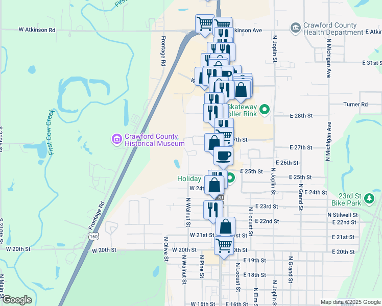 map of restaurants, bars, coffee shops, grocery stores, and more near 2608 North Walnut Street in Pittsburg