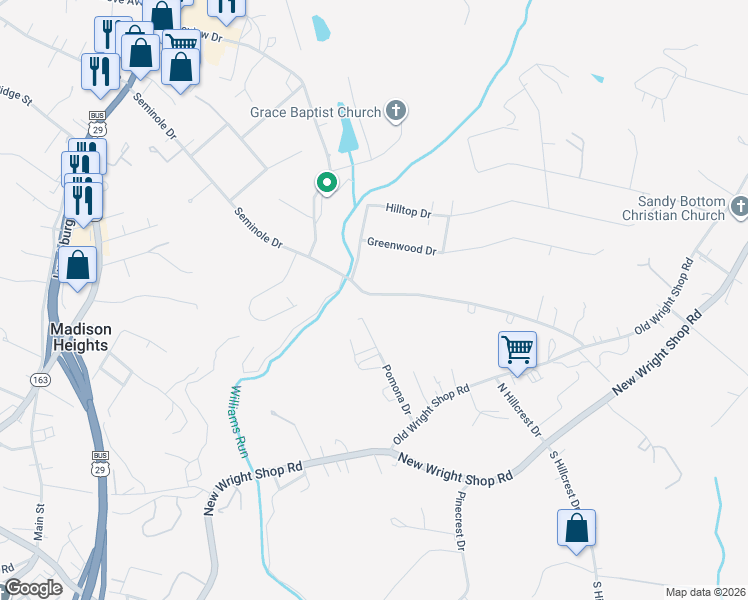 map of restaurants, bars, coffee shops, grocery stores, and more near 406 Seminole Drive in Madison Heights