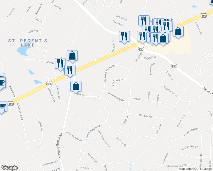 map of restaurants, bars, coffee shops, grocery stores, and more near 4249 Frederick Farms Drive in Midlothian