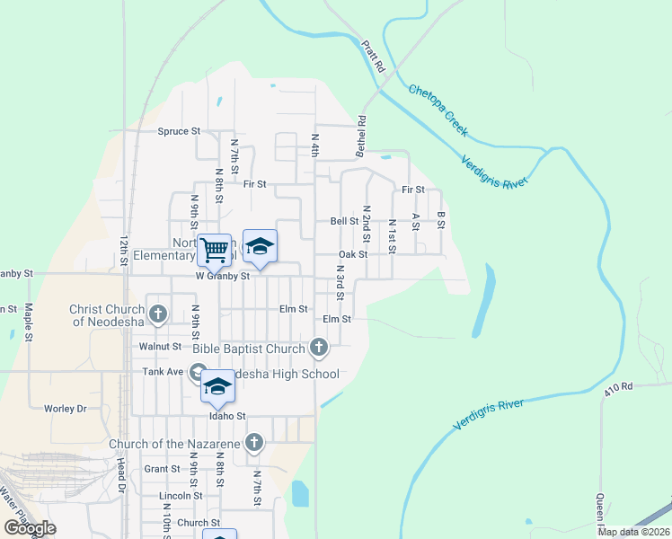 map of restaurants, bars, coffee shops, grocery stores, and more near 1438-1498 North 3rd Street in Neodesha