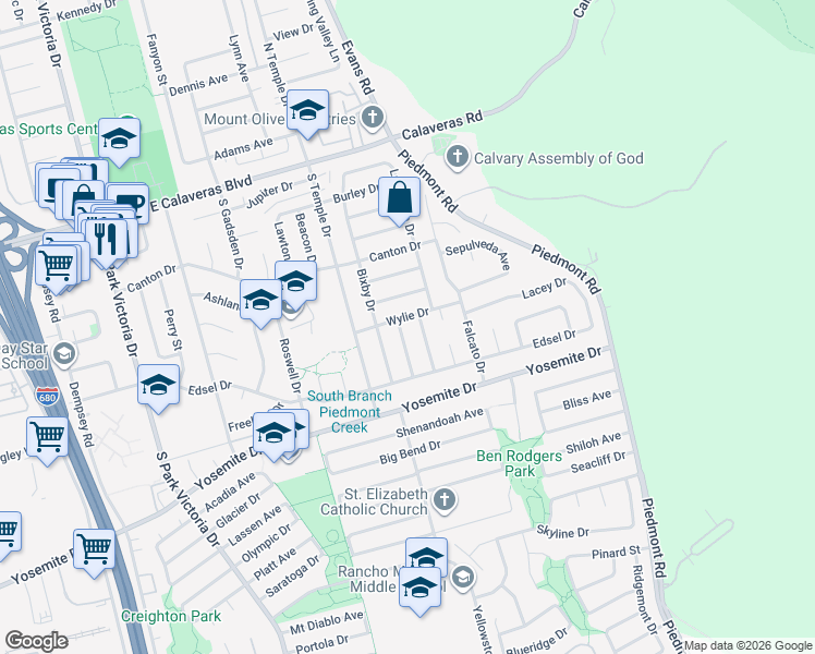 map of restaurants, bars, coffee shops, grocery stores, and more near 381 La Baree Drive in Milpitas