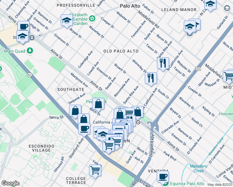map of restaurants, bars, coffee shops, grocery stores, and more near 147 Rinconada Avenue in Palo Alto