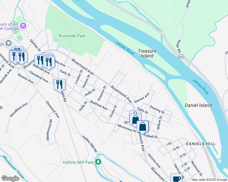 map of restaurants, bars, coffee shops, grocery stores, and more near 1528 Rivermont Avenue in Lynchburg