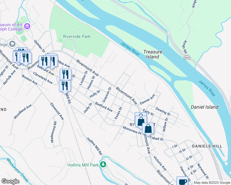 map of restaurants, bars, coffee shops, grocery stores, and more near 1705 Rivermont Avenue in Lynchburg