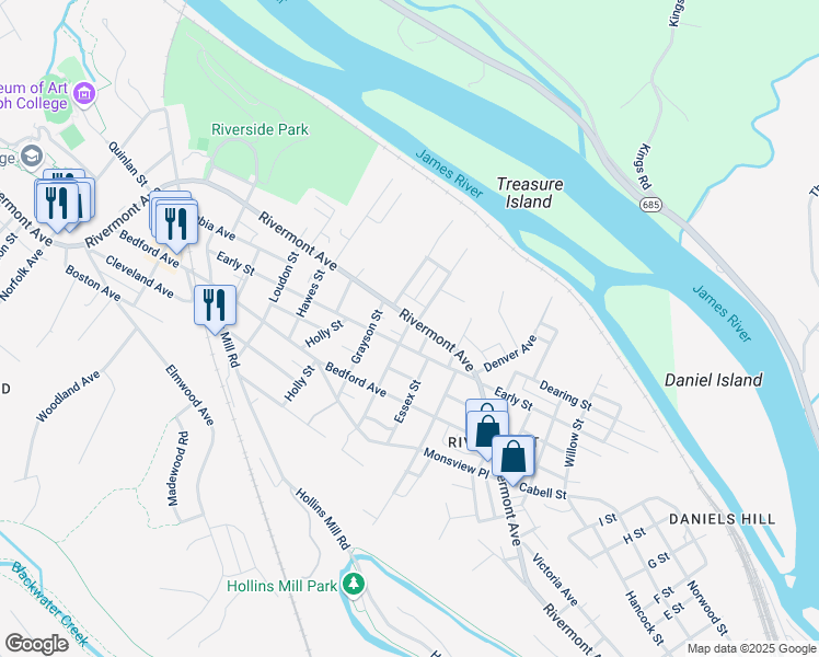 map of restaurants, bars, coffee shops, grocery stores, and more near 1609 Rivermont Avenue in Lynchburg