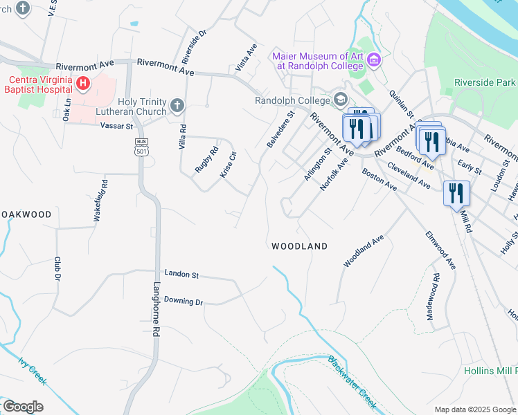 map of restaurants, bars, coffee shops, grocery stores, and more near 437 Charles Street in Lynchburg