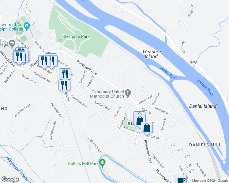 map of restaurants, bars, coffee shops, grocery stores, and more near 1705 Rivermont Avenue in Lynchburg