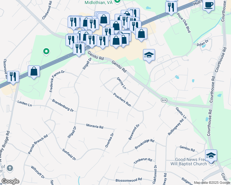 map of restaurants, bars, coffee shops, grocery stores, and more near 10854 Poachers Run in Chesterfield