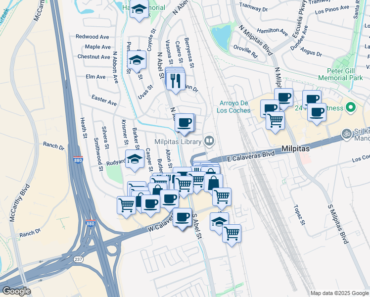 map of restaurants, bars, coffee shops, grocery stores, and more near 118 South Abel Street in Milpitas