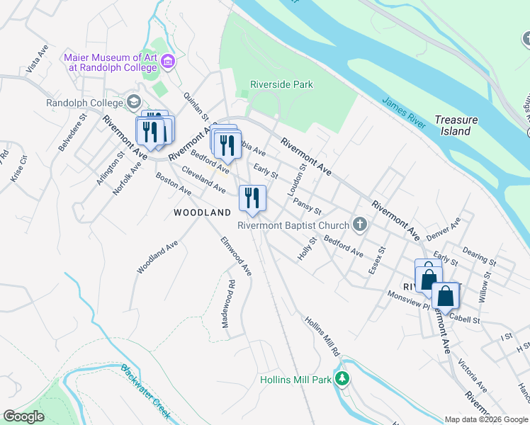 map of restaurants, bars, coffee shops, grocery stores, and more near 2008 Cleveland Avenue in Lynchburg