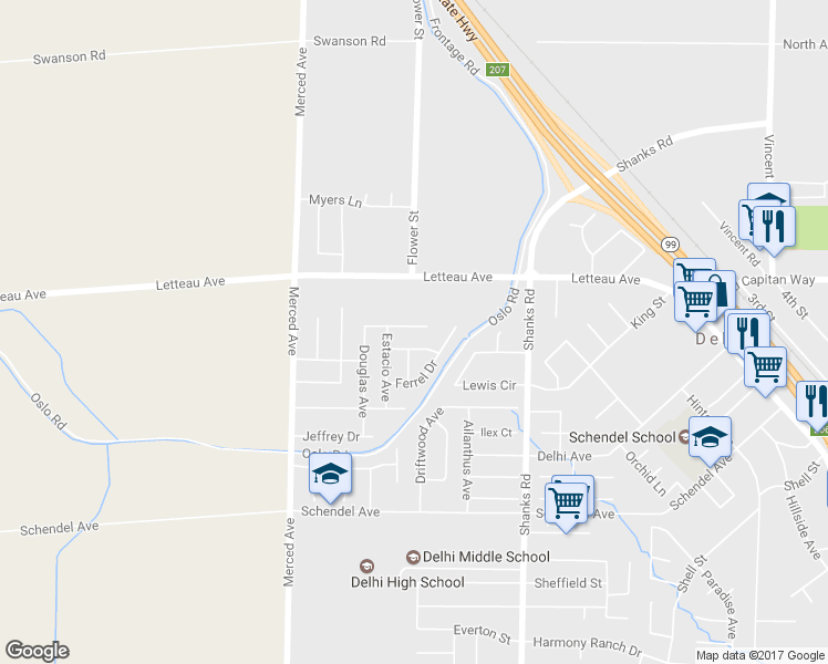 map of restaurants, bars, coffee shops, grocery stores, and more near 16743 Bradford Court in Delhi
