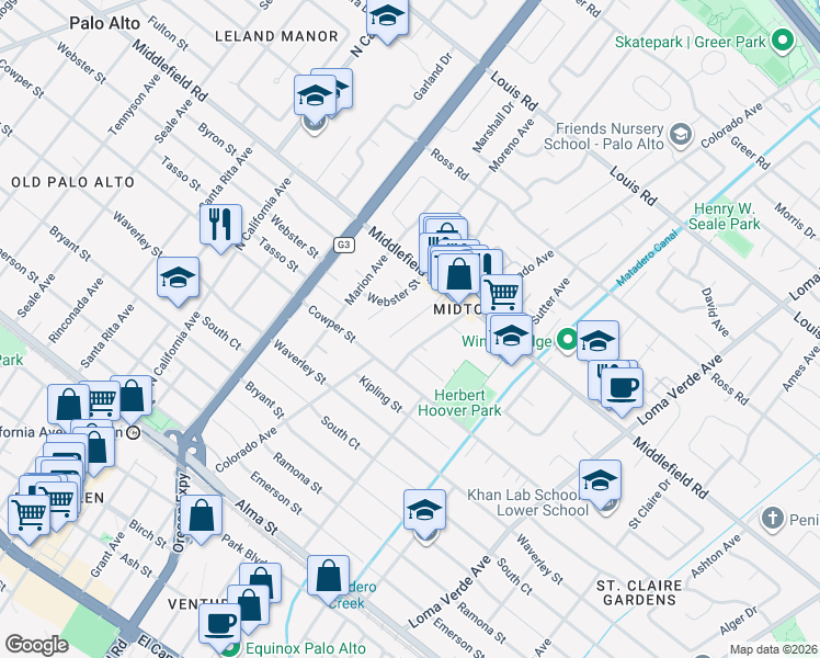 map of restaurants, bars, coffee shops, grocery stores, and more near 577 Bryson Avenue in Palo Alto