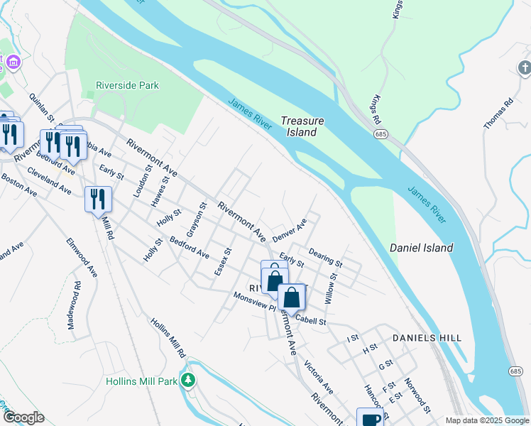 map of restaurants, bars, coffee shops, grocery stores, and more near 130 Marshall Street in Lynchburg