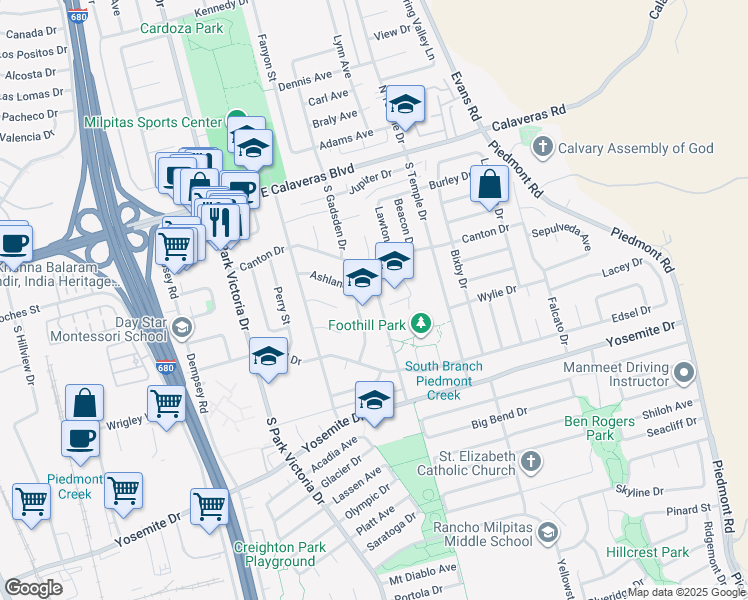 map of restaurants, bars, coffee shops, grocery stores, and more near 280 Monmouth Drive in Milpitas