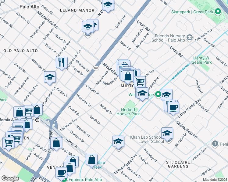 map of restaurants, bars, coffee shops, grocery stores, and more near 577 Bryson Avenue in Palo Alto