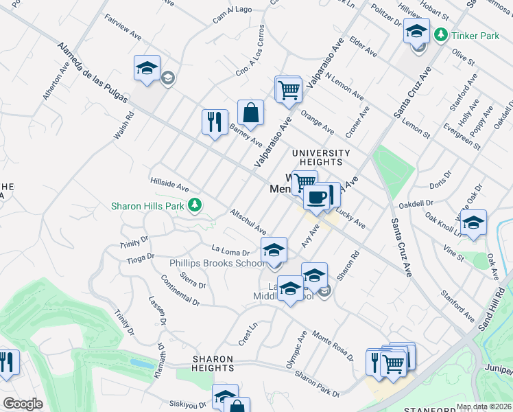 map of restaurants, bars, coffee shops, grocery stores, and more near 2142 Oakley Avenue in Menlo Park