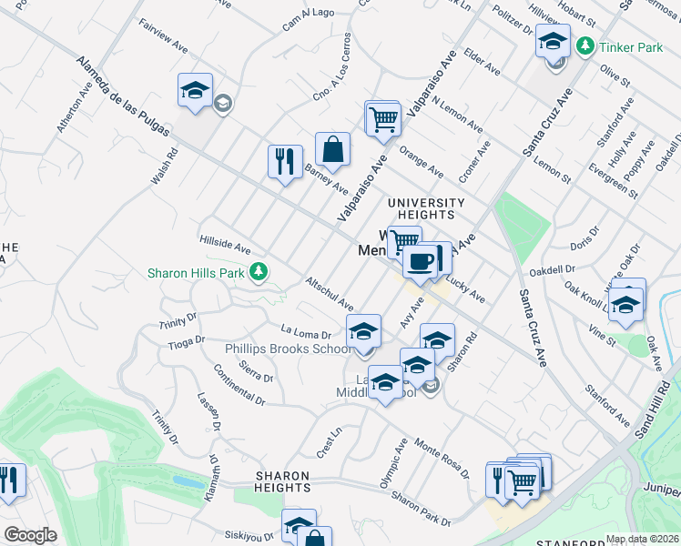 map of restaurants, bars, coffee shops, grocery stores, and more near 2142 Oakley Avenue in Menlo Park