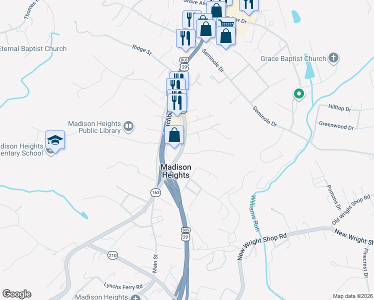 map of restaurants, bars, coffee shops, grocery stores, and more near 100-190 State Route 1039 in Madison Heights