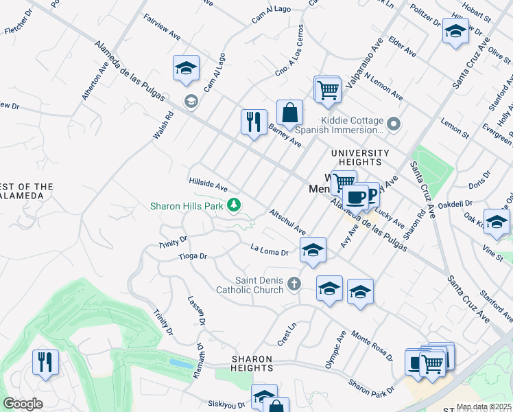 map of restaurants, bars, coffee shops, grocery stores, and more near 1485 Altschul Avenue in Menlo Park