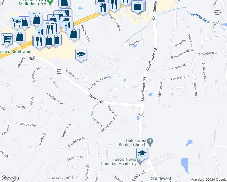 map of restaurants, bars, coffee shops, grocery stores, and more near Braden Woods Court in Chesterfield County