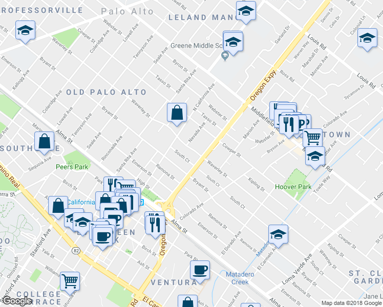 map of restaurants, bars, coffee shops, grocery stores, and more near 2370 Waverley Street in Palo Alto