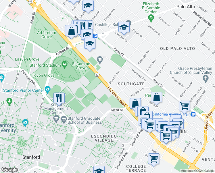 map of restaurants, bars, coffee shops, grocery stores, and more near 1500 El Camino Real in Palo Alto