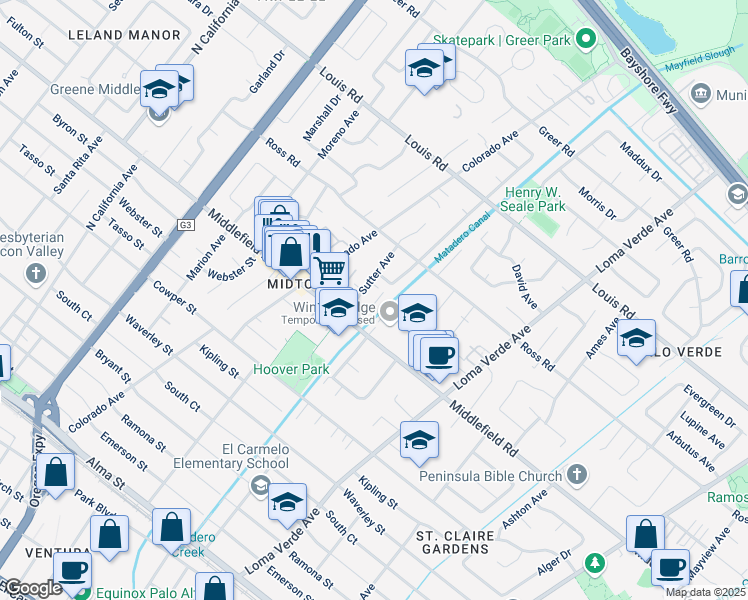 map of restaurants, bars, coffee shops, grocery stores, and more near 731 Ellsworth Place in Palo Alto