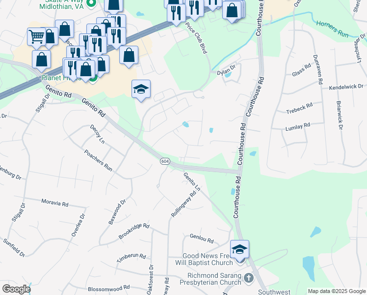 map of restaurants, bars, coffee shops, grocery stores, and more near 4506 Braden Townes Boulevard in Chesterfield
