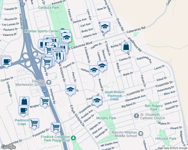 map of restaurants, bars, coffee shops, grocery stores, and more near 280 Monmouth Drive in Milpitas