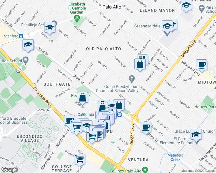 map of restaurants, bars, coffee shops, grocery stores, and more near 2046 Emerson Street in Palo Alto