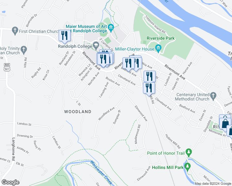 map of restaurants, bars, coffee shops, grocery stores, and more near 216 Kensington Avenue in Lynchburg