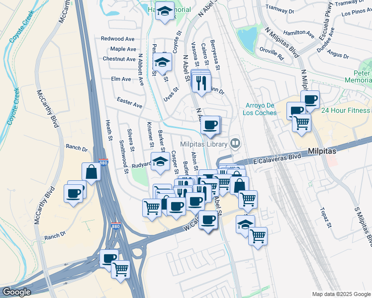 map of restaurants, bars, coffee shops, grocery stores, and more near 176 Butler Street in Milpitas