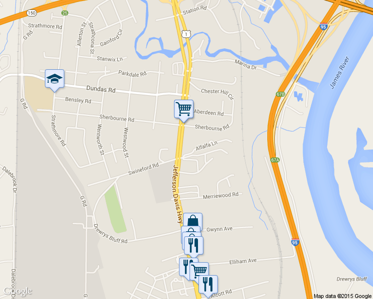 map of restaurants, bars, coffee shops, grocery stores, and more near 6741 Jefferson Davis Highway in Richmond