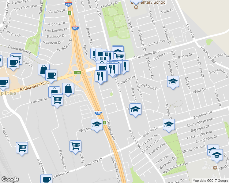 map of restaurants, bars, coffee shops, grocery stores, and more near 204 Selwyn Drive in Milpitas