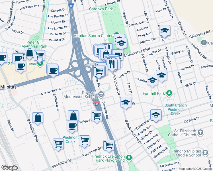 map of restaurants, bars, coffee shops, grocery stores, and more near 159 Selwyn Drive in Milpitas