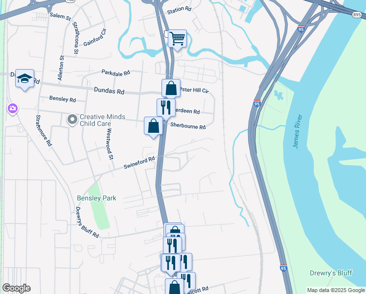 map of restaurants, bars, coffee shops, grocery stores, and more near 2501 Alfalfa Lane in Richmond