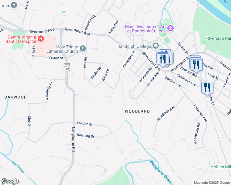 map of restaurants, bars, coffee shops, grocery stores, and more near 508 Belvedere Street in Lynchburg
