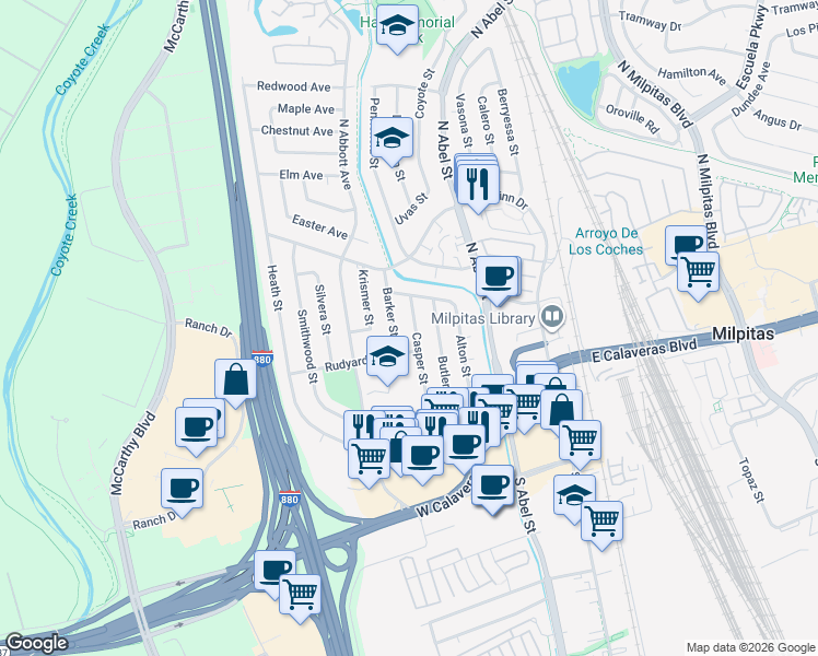 map of restaurants, bars, coffee shops, grocery stores, and more near 195 Casper Street in Milpitas