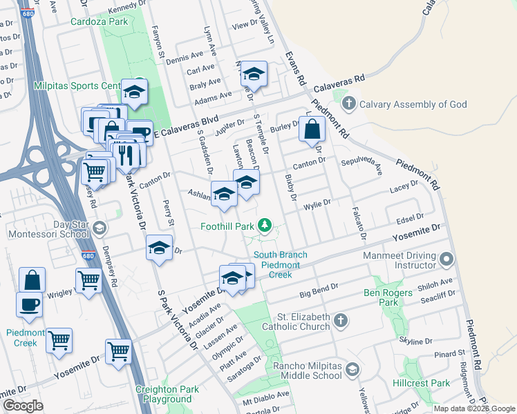 map of restaurants, bars, coffee shops, grocery stores, and more near 327 South Temple Drive in Milpitas