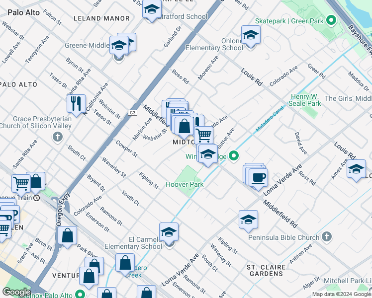 map of restaurants, bars, coffee shops, grocery stores, and more near 676 Colorado Avenue in Palo Alto