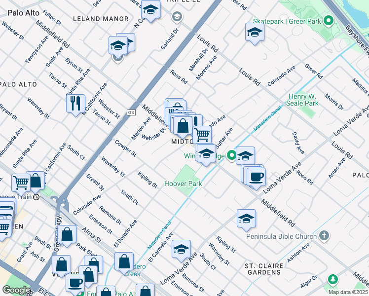 map of restaurants, bars, coffee shops, grocery stores, and more near 676 Colorado Avenue in Palo Alto