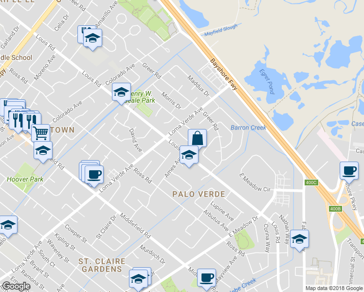 map of restaurants, bars, coffee shops, grocery stores, and more near 3333 Louis Road in Palo Alto