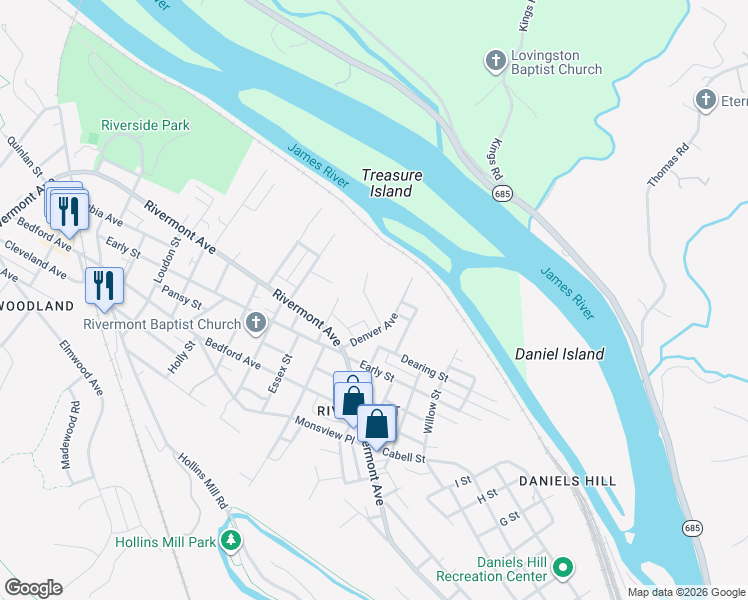 map of restaurants, bars, coffee shops, grocery stores, and more near 1466 Yancey Street in Lynchburg