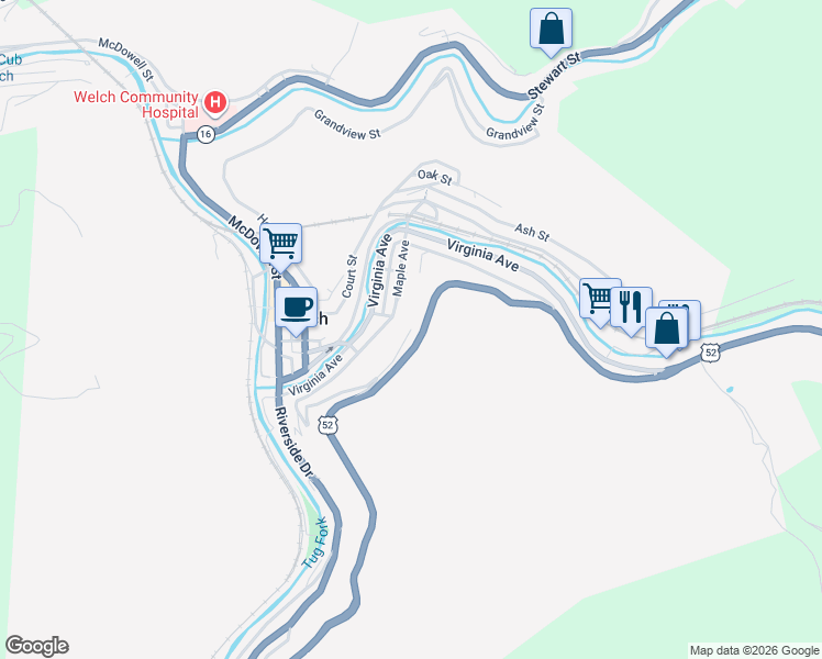 map of restaurants, bars, coffee shops, grocery stores, and more near 8 Maple Avenue in Welch
