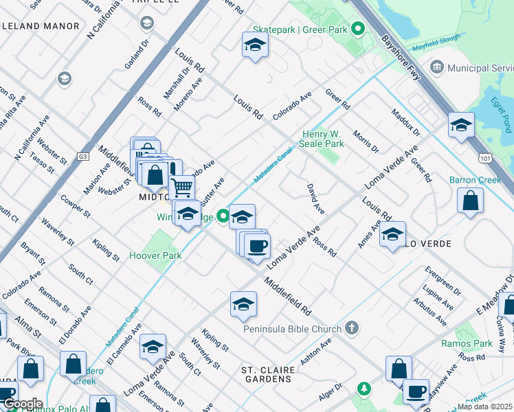 map of restaurants, bars, coffee shops, grocery stores, and more near 789 Stern Avenue in Palo Alto