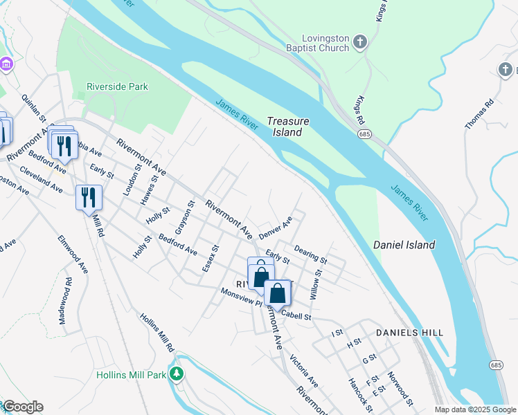 map of restaurants, bars, coffee shops, grocery stores, and more near 134 Marshall Street in Lynchburg