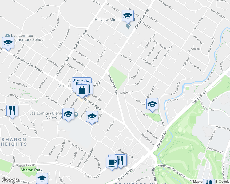 map of restaurants, bars, coffee shops, grocery stores, and more near 2000 Sharon Road in Menlo Park